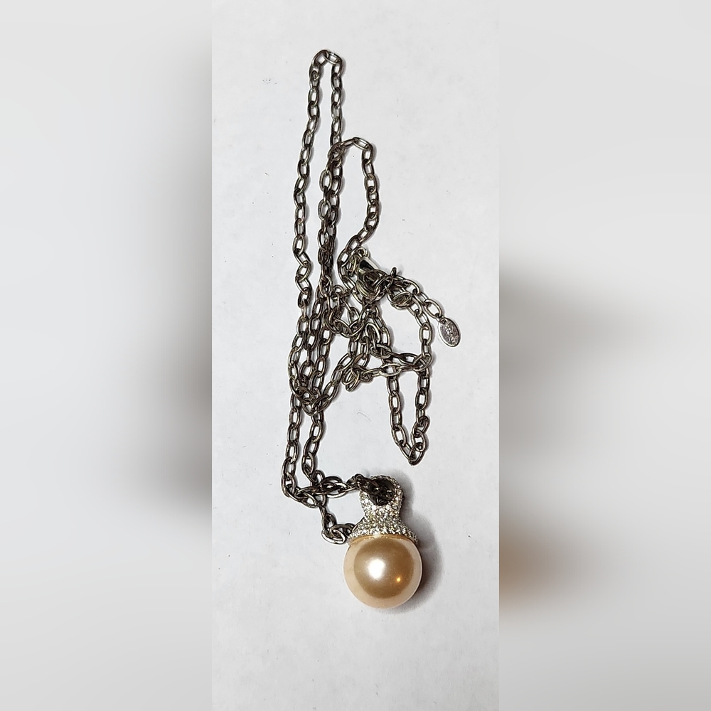 Vintage Mid Century Cezanne Signed Large Faux Pearl Rhinestone Pendant Necklace - Picture 2 of 5